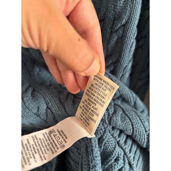 L.L. Bean Women’s Chunky Cable Knit Blue Split Neck Long Sleeve Sweater Large - Picture 5 of 7